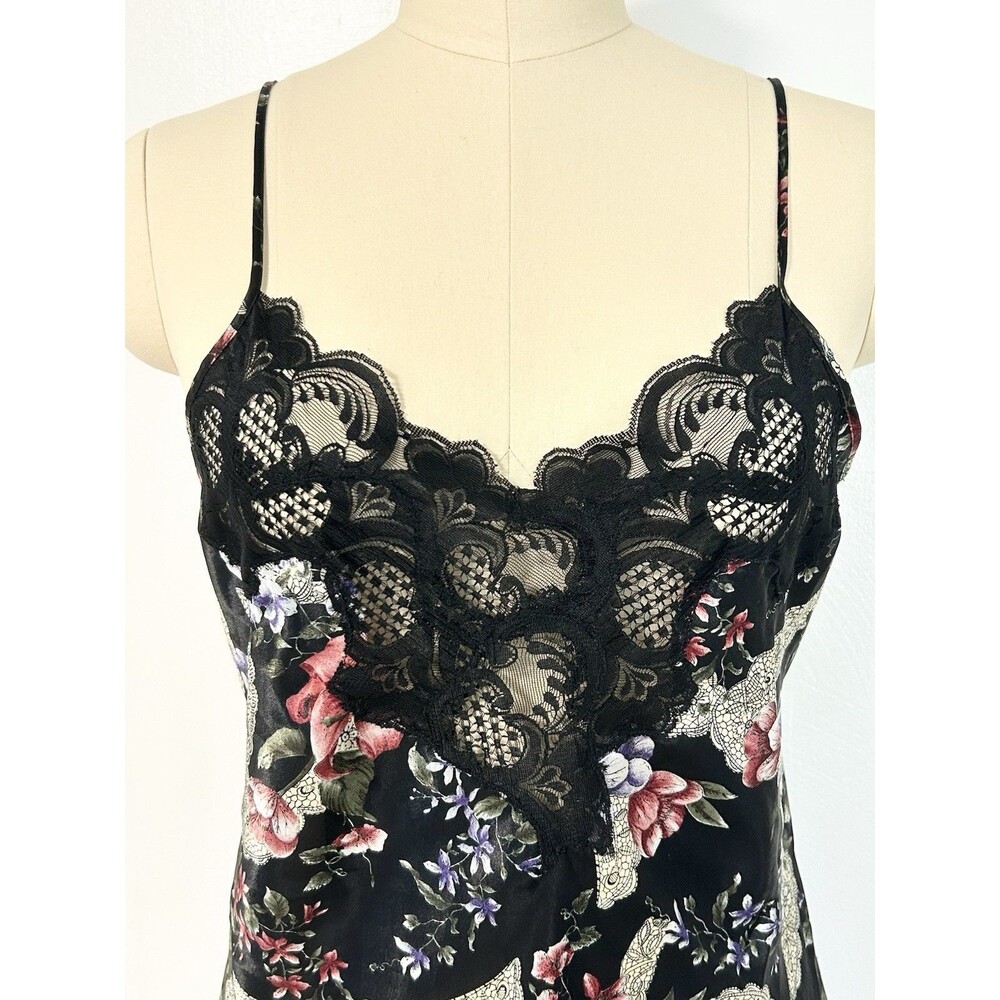 Vintage Victorias Secret Gold Label Black Floral Satin Lace Nightgown Chemise L - Picture 2 of 7
